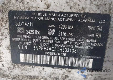 2012 Hyundai Sonata Gls z USA, uszkodzony, nr VIN 5NPEB4AC5CH333138